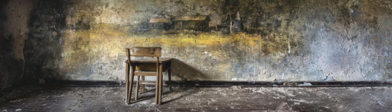 Single wooden chair in abandoned room reflects economic crisis and inflation effects while poverty lingers in decayed environment