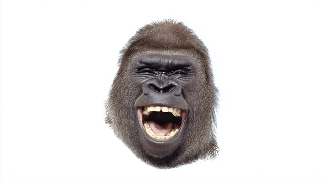 Close-up portrait of silverback gorilla laughing with wide open mouth baring large fangs on plain white background for viral meme