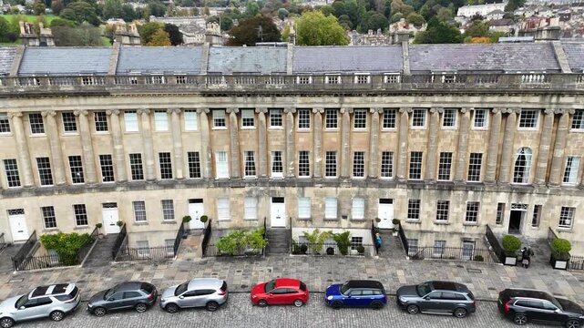 Vertical wide-angle aerial of the Royal Crescent amphitheater