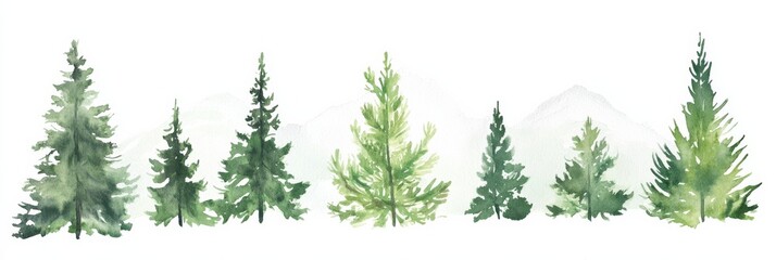 Fototapeta premium Forest tree illustration with woodland pine trees and mountain scene on a white background