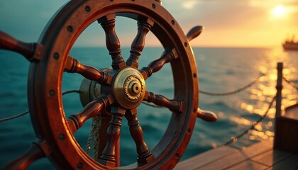 Wooden ship wheel turns on ocean during golden sunset. Nautical captain steers vessel at sea. Maritime adventure voyage on water. Marine transport journey direction.