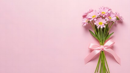 Obraz premium Bouquet of pink daisies with ribbon on pastel background
