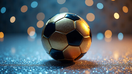 Fototapeta premium A black-and-gold soccer ball gleams on glittery ground, framed by festive bokeh in blue and orange. 