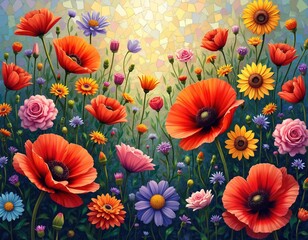 Obraz premium Field with vibrant poppies, sunflowers, and roses under bright sun. Diverse colorful flowers bloom in lush garden plants. Peaceful natural meadow landscape.