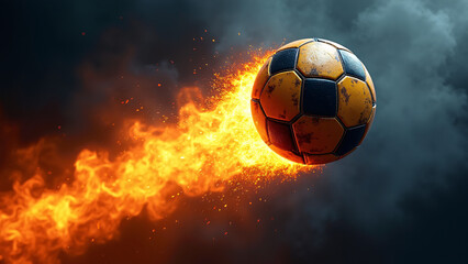 Fototapeta premium Soccer ball blazes mid-air—orange flames erupt behind, surreal motion and global anticipation surge from kinetic symmetry. 