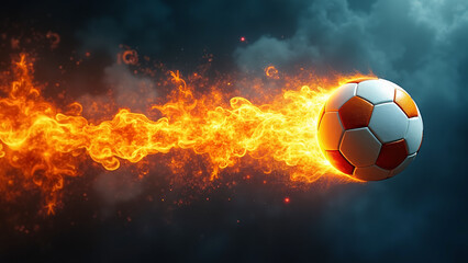 Fototapeta premium A flaming soccer ball with white and orange panels blazes through smoky dark air in fierce motion. 