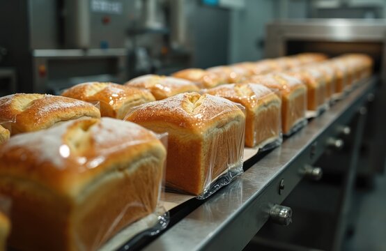 Loaves of bread wrapped in plastic move on a factory conveyor belt. Freshly baked square bread is prepared for sale and distribution. Commercial food production lines ensure quality.