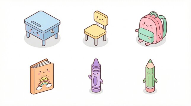 Cute kawaii school supplies and furniture set flat lay illustration back to school
