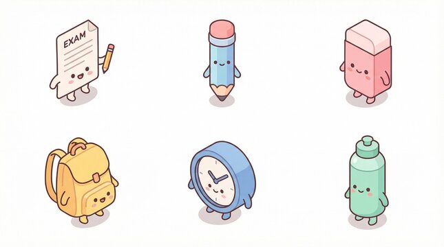 Cute kawaii school supplies cartoon characters set with exam clock and eraser