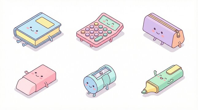 Cute kawaii school and office supplies set flat lay 3d render pastel colors