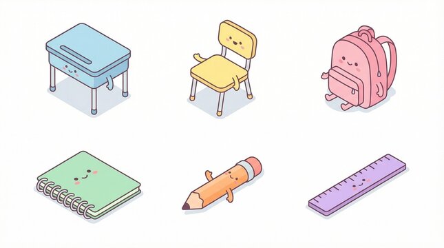 Kawaii school supplies set flat lay back to school education cartoon vector illustration
