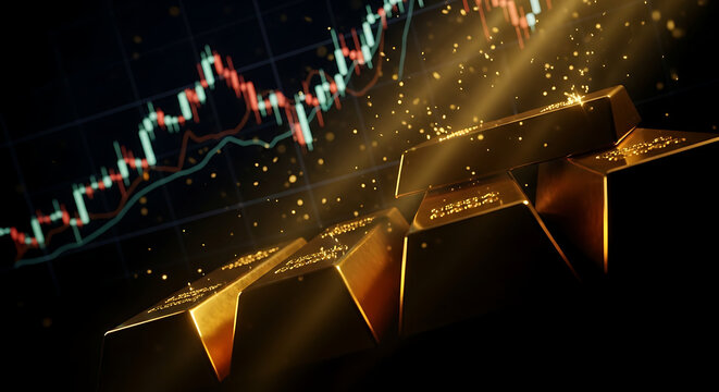 Three gleaming gold bars rest prominently on a dark surface, with a financial chart background.