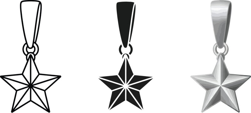Collection of star pendant icons including outline solid black and metallic silver styles perfect for jewelry design or award concepts