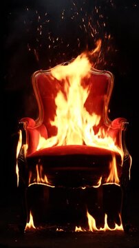 Burning red velvet chair against black background symbolic representation