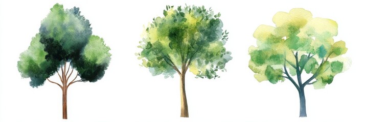 Fototapeta premium Collection of watercolor trees for decoration in a natural setting