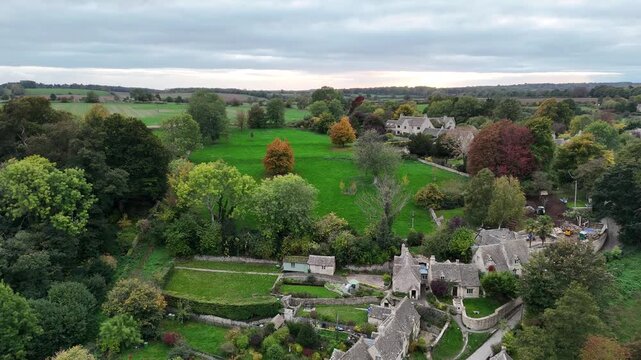 Vertical aerial view of Arlington Row stone cottages in Bibury