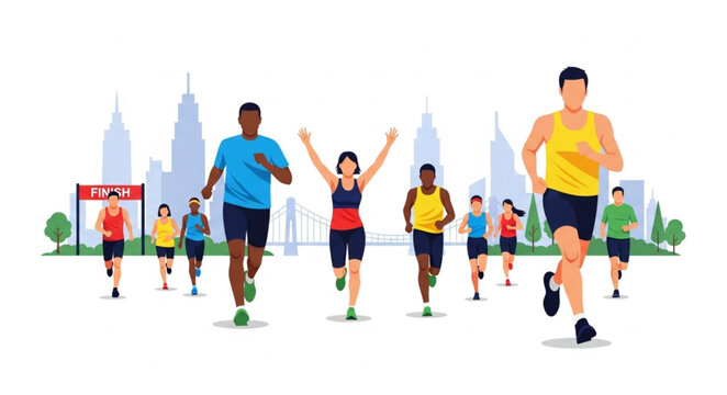 Diverse group of runners competing in a city marathon race.