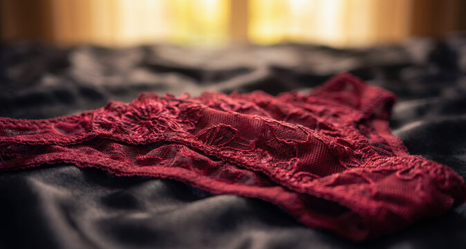 Sensual red lace lingerie set lying on unmade bed in soft morning sunlight