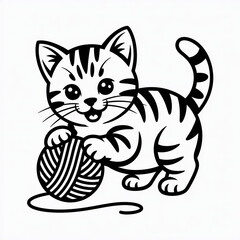 Fototapeta premium Playful kitten playing with yarn ball in a simple illustration style from a front viewpoint on a white background