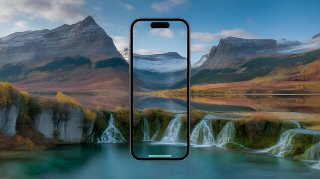 Modern smartphone displaying a stunning mountain landscape with waterfalls and autumn foliage reflected in the water, showcasing technology and nature integration