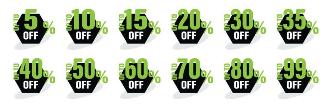 Modern Hexagonal Sales Tag Collection Featuring Neon Green and Black Design with Discount Values From 5 to 99 Percent Off.