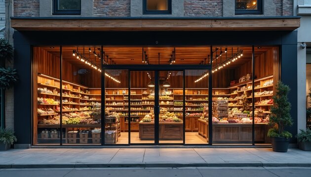 Modern grocery store interior with wooden shelves displaying fresh produce, jars, and baked goods. Large glass windows and doors show goods inside illuminated by warm lights at dusk.