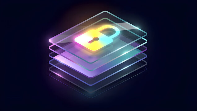 Secure digital data protection concept with glowing lock icon on layered transparent panels, cybersecurity encryption technology background for privacy, cloud storage and network safety