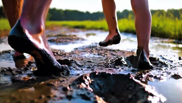 Low angle close up of father and son walking barefoot through deep mud at golden hour. Backlit feet in wet sludge with rim light and shallow depth of field. Messy family bonding in nature.