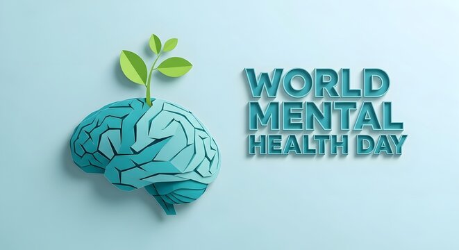 World mental health day concept with a brain shaped globe and a growing plant symbolizing hope and wellbeing