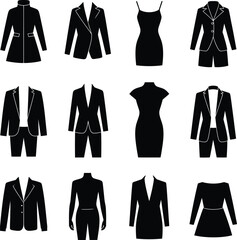 Fototapeta premium Monochrome Vector Illustration of Women’s Clothing Collection Depicted in Minimalist Silhouette Featuring Coats, Blazers, Dresses, Suits, and Tops with Pants or Skirts Arranged in Grid 