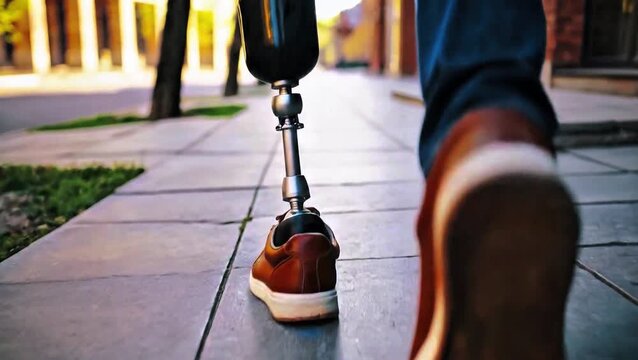 Low angle rear view tracking shot of a person with a prosthetic leg walking on a sunlit stone sidewalk. Close up of mechanical limb and denim jeans in brown leather shoes with rhythmic gait.
