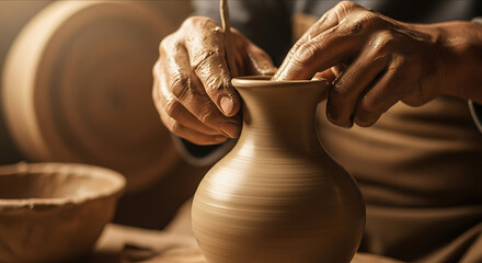 A craftsman's hands delicately shape wet clay into a vase on a pottery wheel.