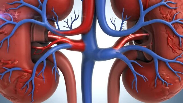 Anatomical Illustration of the Human Kidneys Showing Arteries, Veins, and Ureters in a Transparent Body