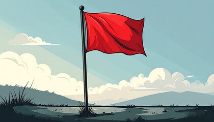 Waving red flag on a black pole against a cloudy sky in a minimalist landscape illustration.