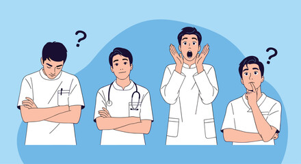 Fototapeta premium Series of illustrations showing a male medical professional with various expressions including thinking, shrugging, and surprised.