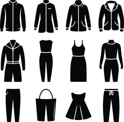 Clothing Silhouette Vector Featuring 12 Fashion Icons Including Outerwear, Dresses, Pants
