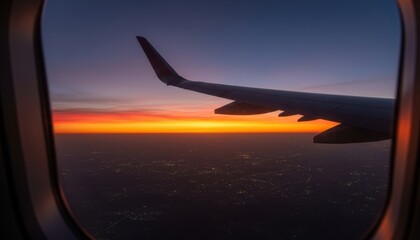 Obraz premium Airplane wing silhouetted against vibrant sunset sky with city lights below, aerial view