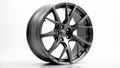 Obraz premium Modern alloy car wheel with polished metallic finish. This wheel is detailed automotive part. It features sleek design, is suitable for performance vehicles. This car part shows precision engineering.