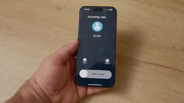 A smartphone receives an incoming call identified as a scam. The phone is placed on a wooden table. Watch to see the call details and gain awareness of scam alerts.