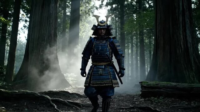 Samurai warrior standing in a misty forest with traditional armor and sword.