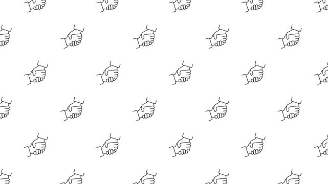 Seamless motion background featuring line art handshake icons. Represents business cooperation, successful deals, and professional partnership. Minimalist black and white vector animation loop