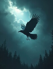 Obraz premium Black raven soars against moody sky with bright light breaking through clouds. Dark forest below under dim twilight. Bird flies over pine trees in mist.