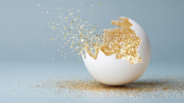 Golden glitter explosion from broken egg on light blue background.