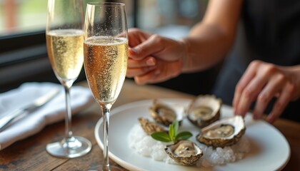 Obraz premium Two glasses of champagne with oysters on a plate served at a restaurant table. Hands prepare to eat seafood delicacy with bubbly wine. Fine dining experience.