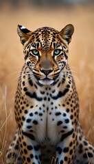 Obraz premium Close-up portrait of wild leopard with green eyes, sitting in dry grass. Spotted fur pattern clearly visible. Big cat gazes intently, showing powerful predator nature. Perfect for nature lovers as