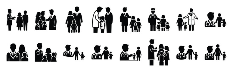 Fototapeta premium doctor with patient vector icon set multiple style collection. doctor day silhouette medical symbols for healthcare