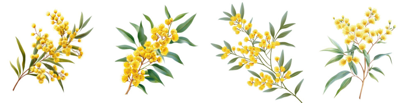 Wattle flower sprig &ndash; A sprig of wattle flowers the national floral emblem of Australia. Isolated on Clear White Background Highly Detailed