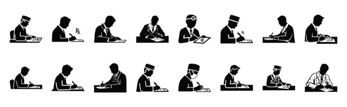doctor writing prescription vector icon set multiple style collection. doctor day silhouette medical symbols for healthcare