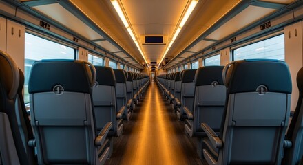 Obraz premium Empty modern train interior aisle with warm lighting