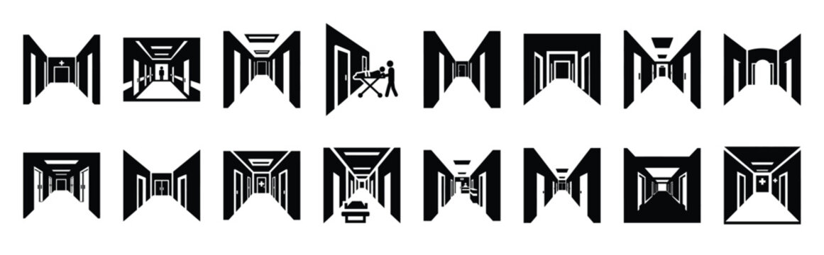 hospital corridor vector icon set multiple style collection. doctor day silhouette medical symbols for healthcare